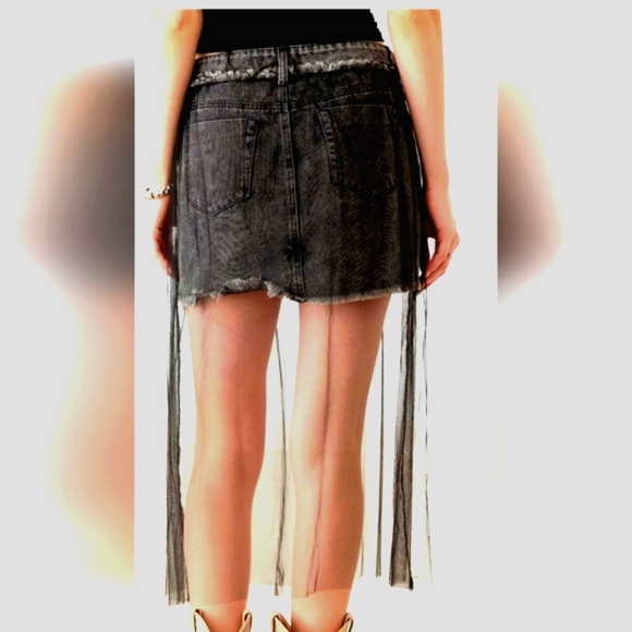 Black denim distressed mini skirt with tulle mesh overlay - Picture 11 of 11